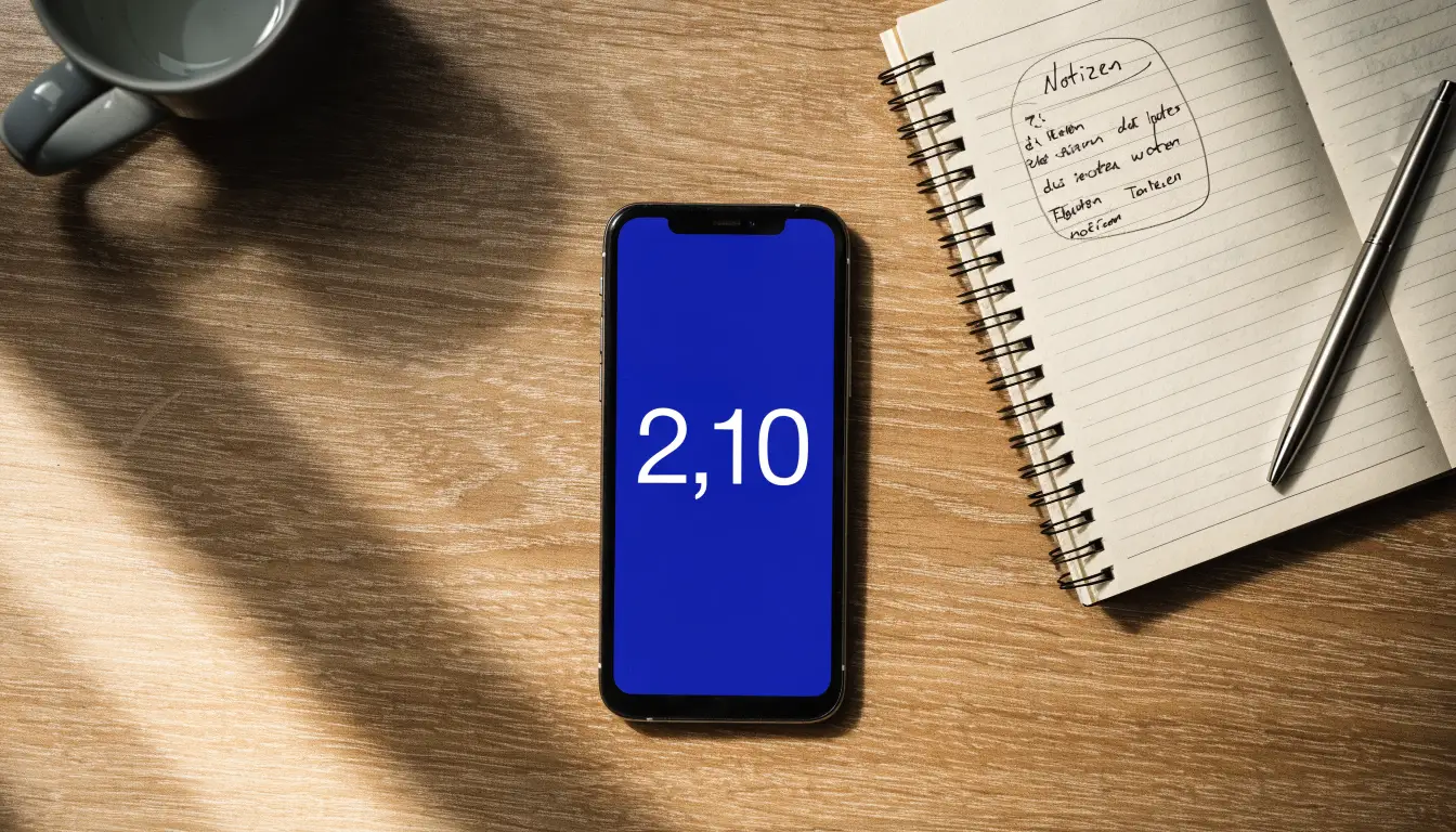 Ein Smartphone mit dunklem Display liegt neben einem Notizbuch und einem Kugelschreiber auf einem Tisch.