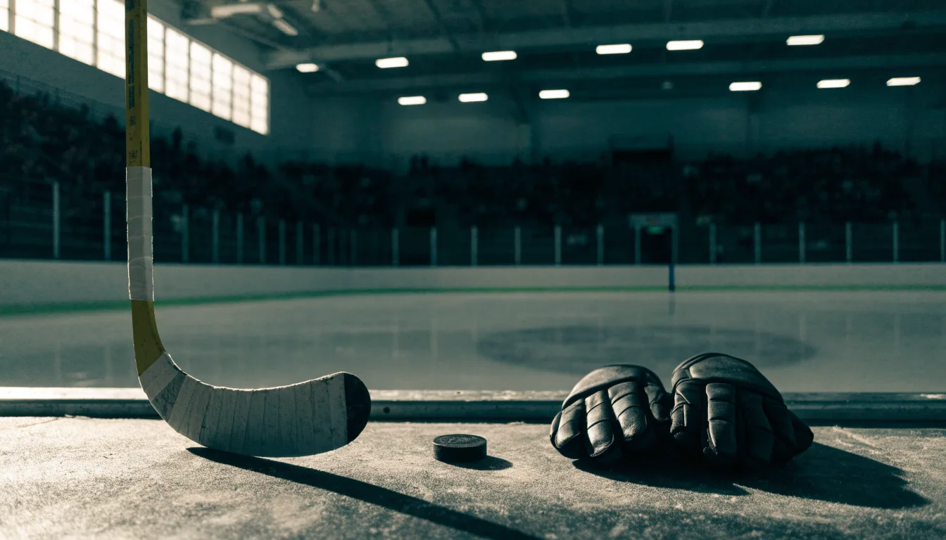 Ein Eishockeyschläger lehnt an einer Bande, daneben liegen ein Puck und ein Paar Handschuhe in einer Eishalle.