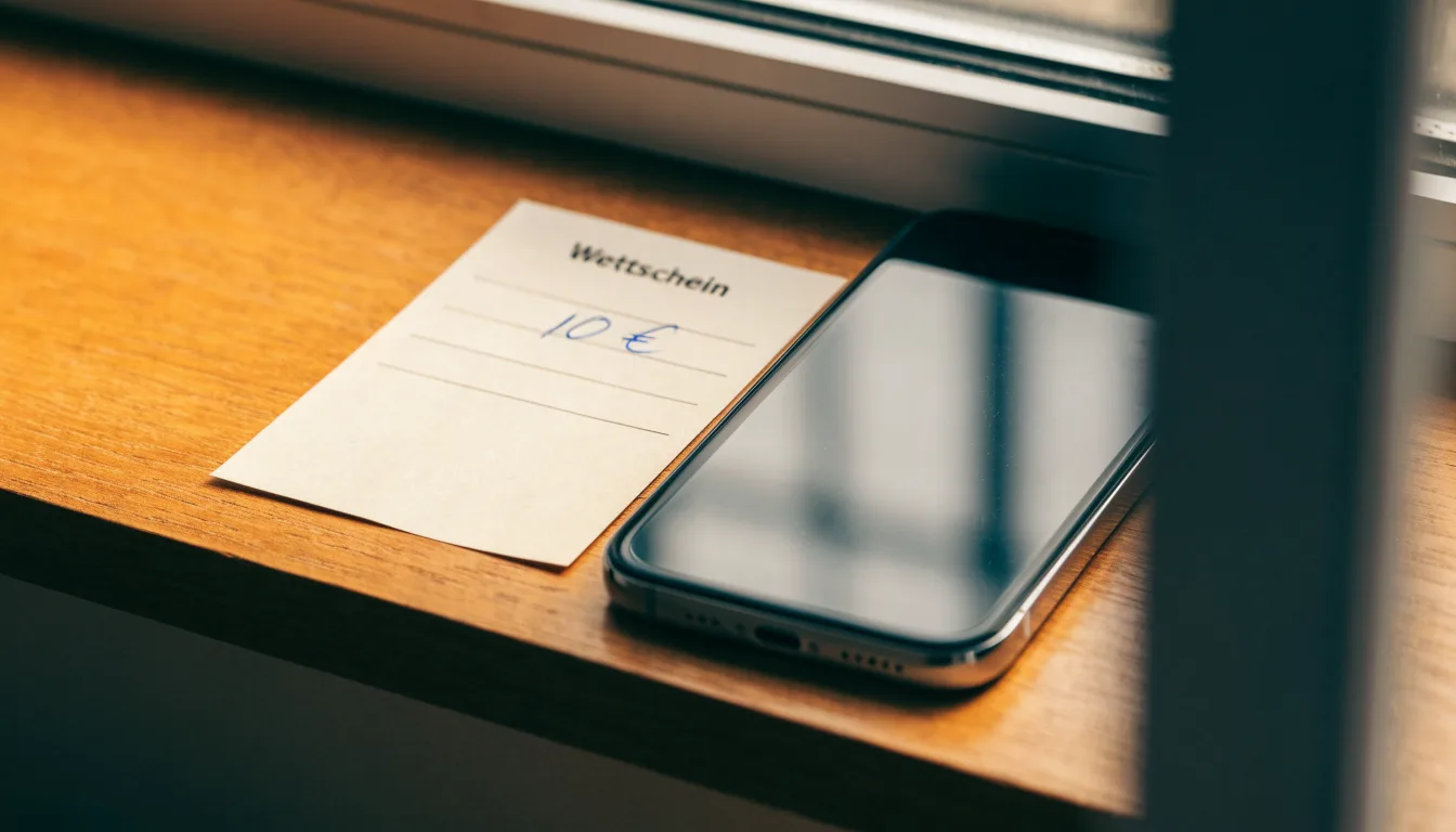 Ein leerer Wettschein aus Papier und ein Smartphone mit dunklem Display liegen auf einer Fensterbank im Tageslicht.