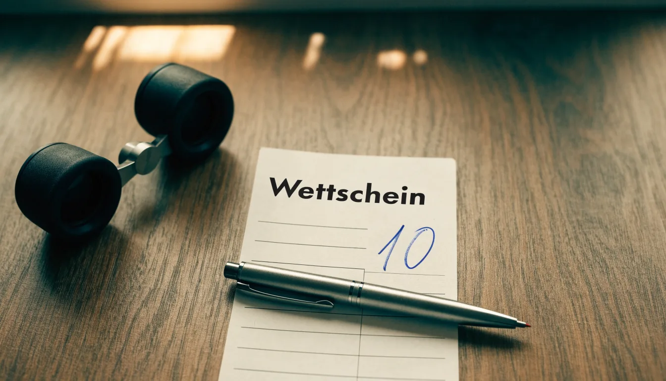 Ein leerer Wettschein aus Papier und ein Kugelschreiber liegen auf einem Holztisch neben einem Fernglas.