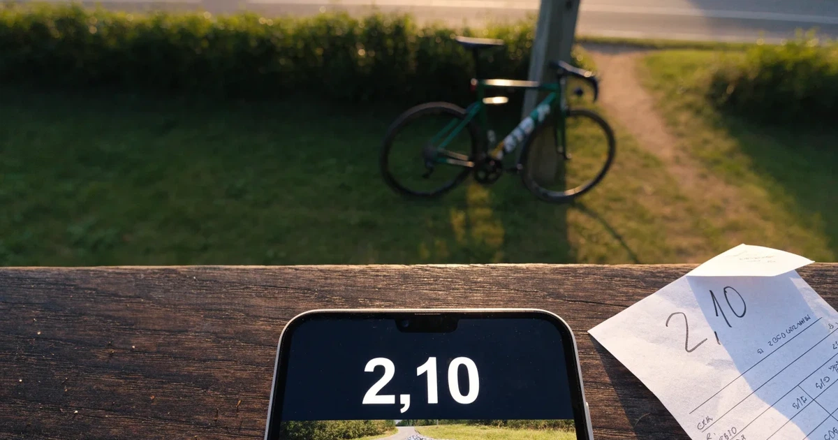 Eine Landstraße zwischen Feldern im Morgenlicht, am Straßenrand lehnt ein Rennrad ohne Aufschrift an einem Pfosten.