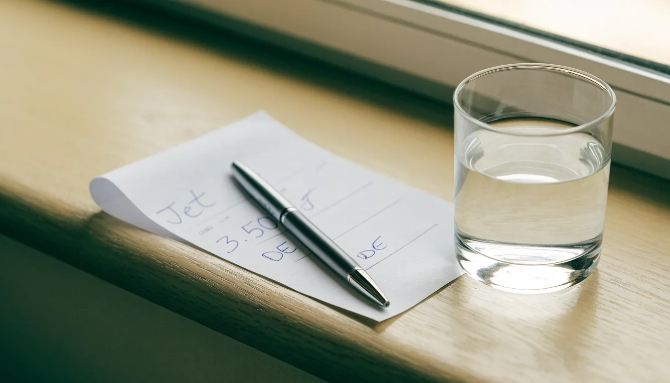 Ein leerer Wettschein aus Papier und ein Kugelschreiber liegen neben einem Glas Wasser auf einer Fensterbank.
