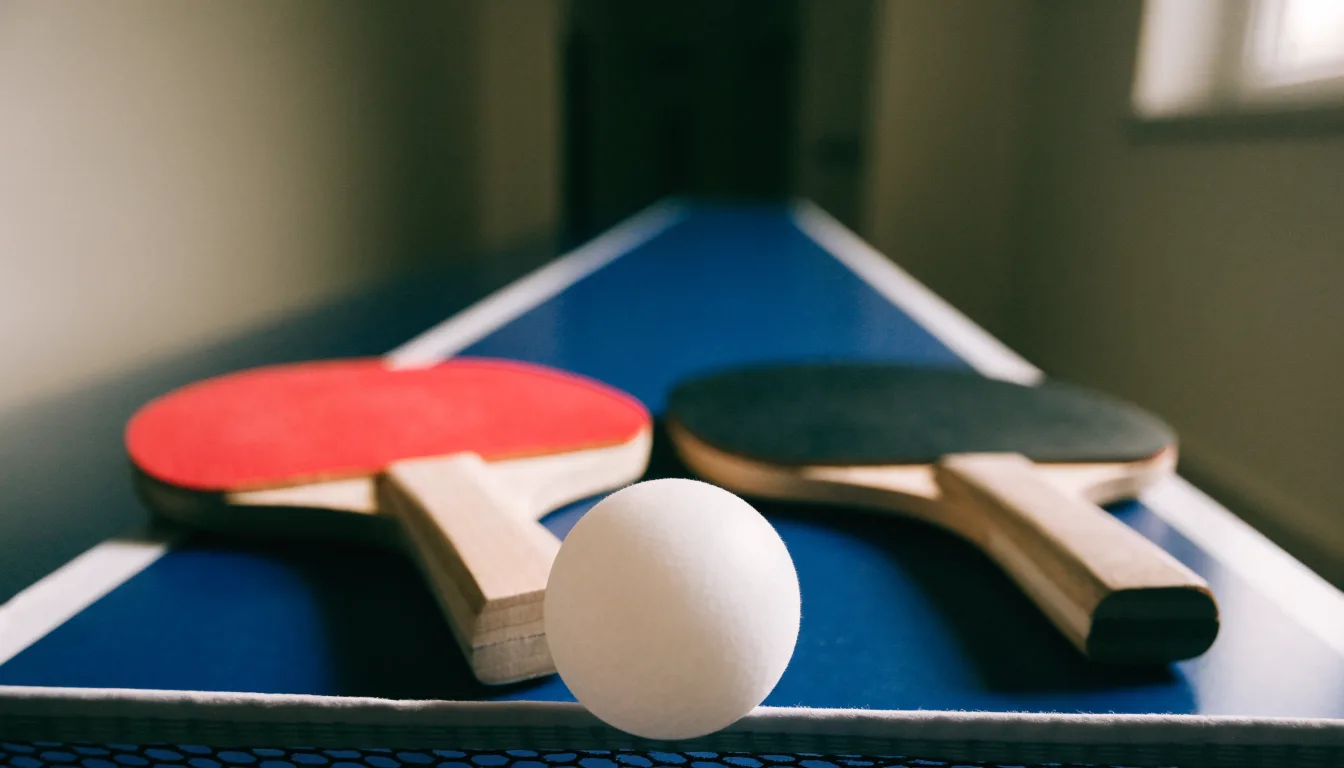Ein weißer Ball liegt in Nahaufnahme auf der Netzkante einer Tischtennisplatte, daneben zwei Holzschläger mit rotem und schwarzem Belag.