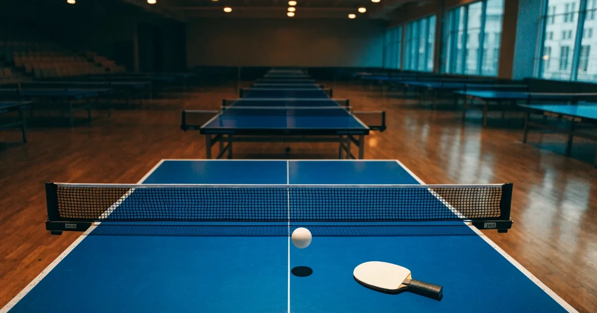 Eine Tischtennishalle aus erhöhter Perspektive mit mehreren blauen Tischen in Reihen unter gedämpftem Hallenlicht, ohne Personen.