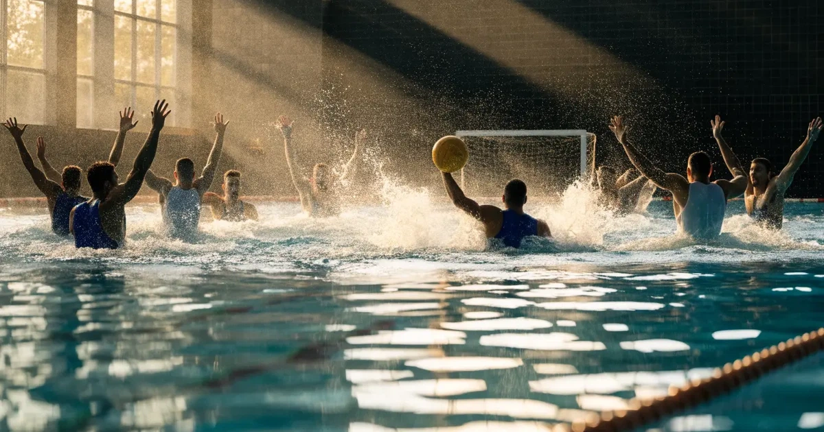 Ein Schwimmbecken mit türkisfarbenem Wasser und zwei schwimmenden Torrahmen am gegenüberliegenden Beckenrand, menschenleer unter Hallenlicht.