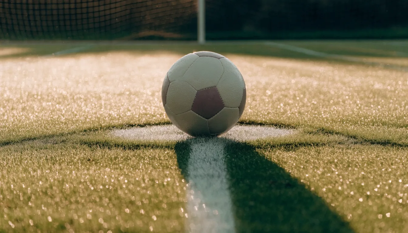 Ein Fußball liegt auf dem Anstoßpunkt eines Rasenplatzes im ersten Morgenlicht, Tau glänzt auf dem Gras.