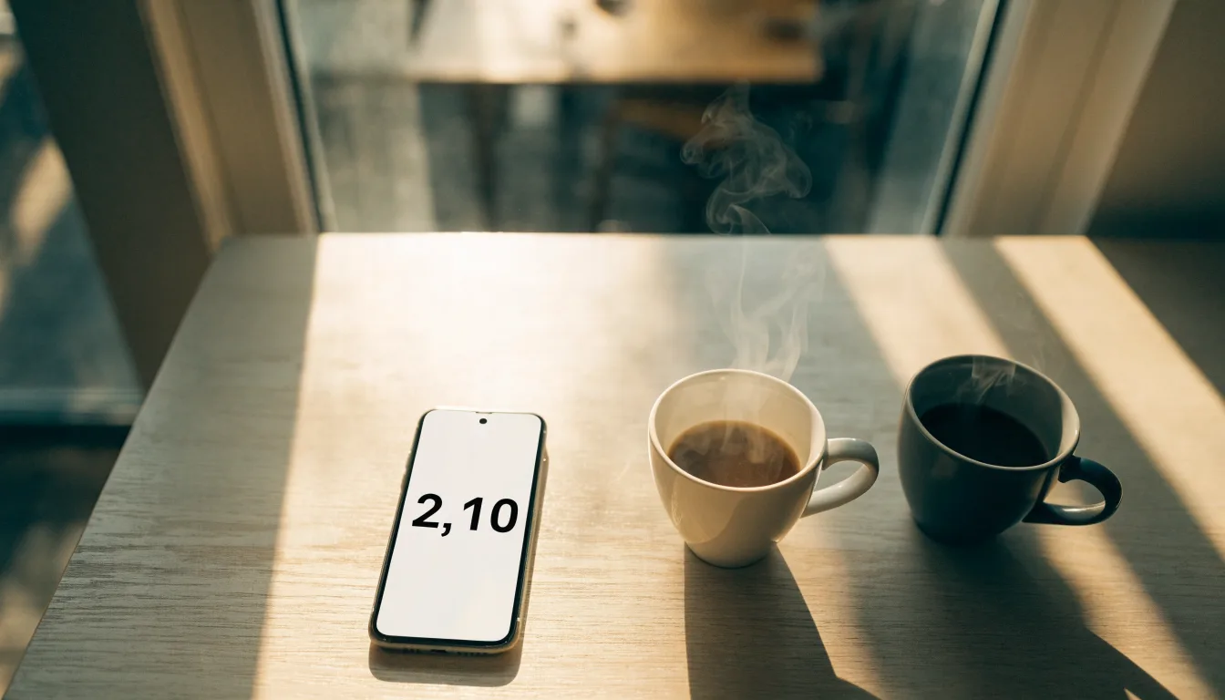 Zwei Kaffeetassen und ein dunkles Smartphone stehen auf einem Café-Tisch am Fenster im Morgenlicht.