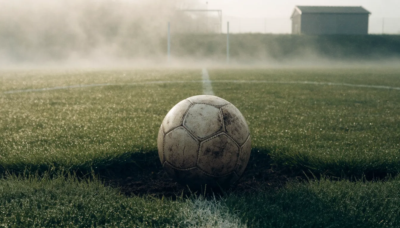 Ein abgewetzter Fußball liegt auf dem Anstoßkreis eines Naturrasens im Morgennebel.