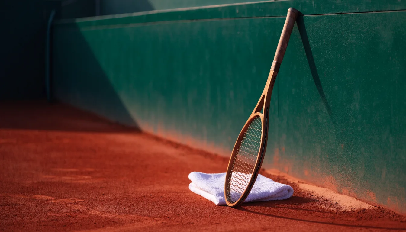 Ein Tennisschläger lehnt an einer dunkelgrünen Bande ohne Aufschrift auf einem Sandplatz, daneben liegt ein Handtuch.