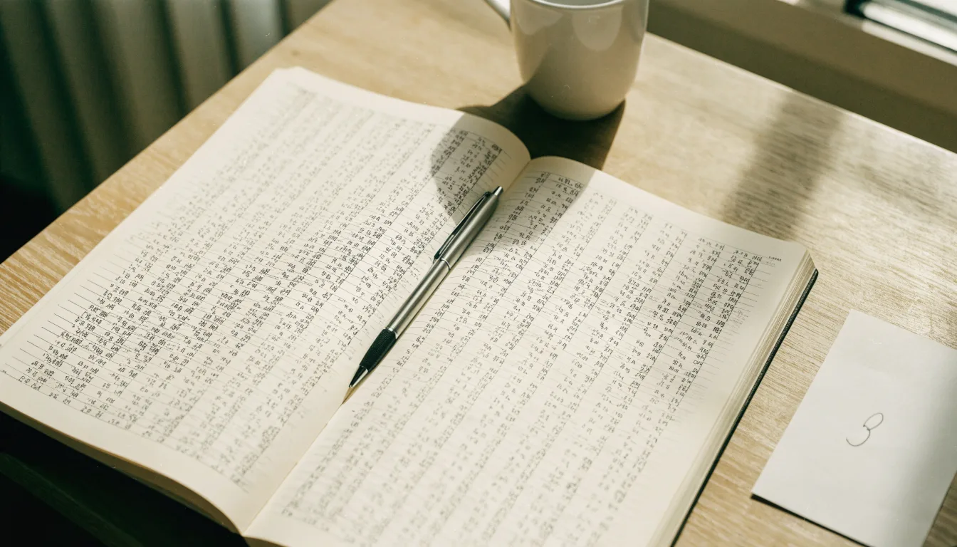 Ein Taschenrechner und ein Bleistift liegen auf einem Schreibtisch neben einem aufgeschlagenen Notizbuch mit handschriftlichen Zahlenreihen.