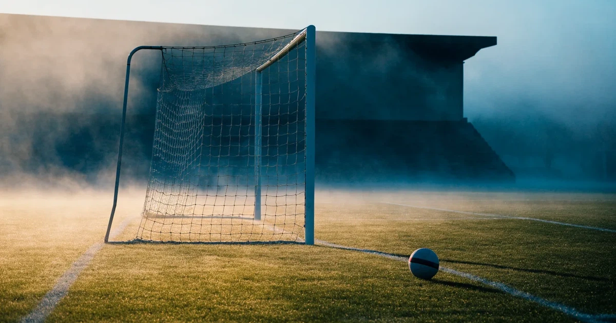 Ein Fußballtor mit Netz steht im Morgennebel auf einem leeren Rasenplatz, im Hintergrund die Silhouette einer kleinen Tribüne.
