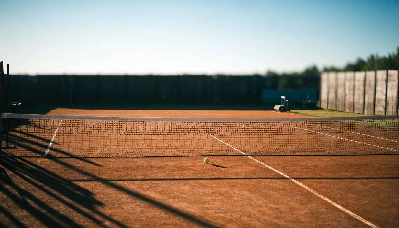 Ein Tennisplatz bei Sonnenaufgang, Netz und Grundlinien im weichen Licht, niemand ist zu sehen.