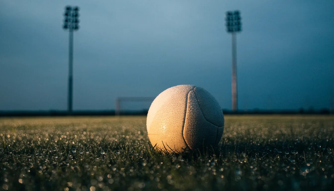 Ein Fußball liegt im Gras eines leeren Platzes, im Hintergrund stehen Flutlichtmasten in der Dämmerung.