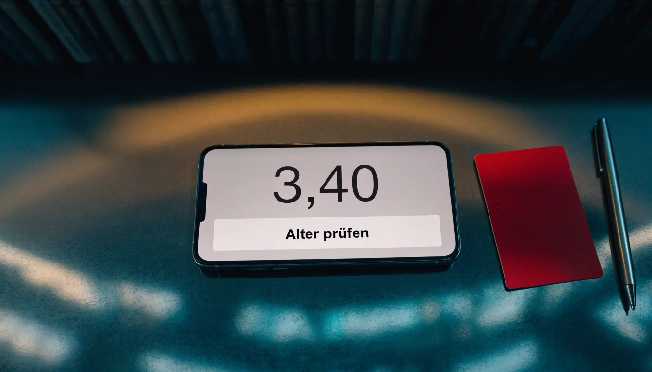 Eine Balkenwaage aus Messing steht neben einem hölzernen Richterhammer auf einem dunklen Pult, im Hintergrund ein unscharfes Bücherregal.