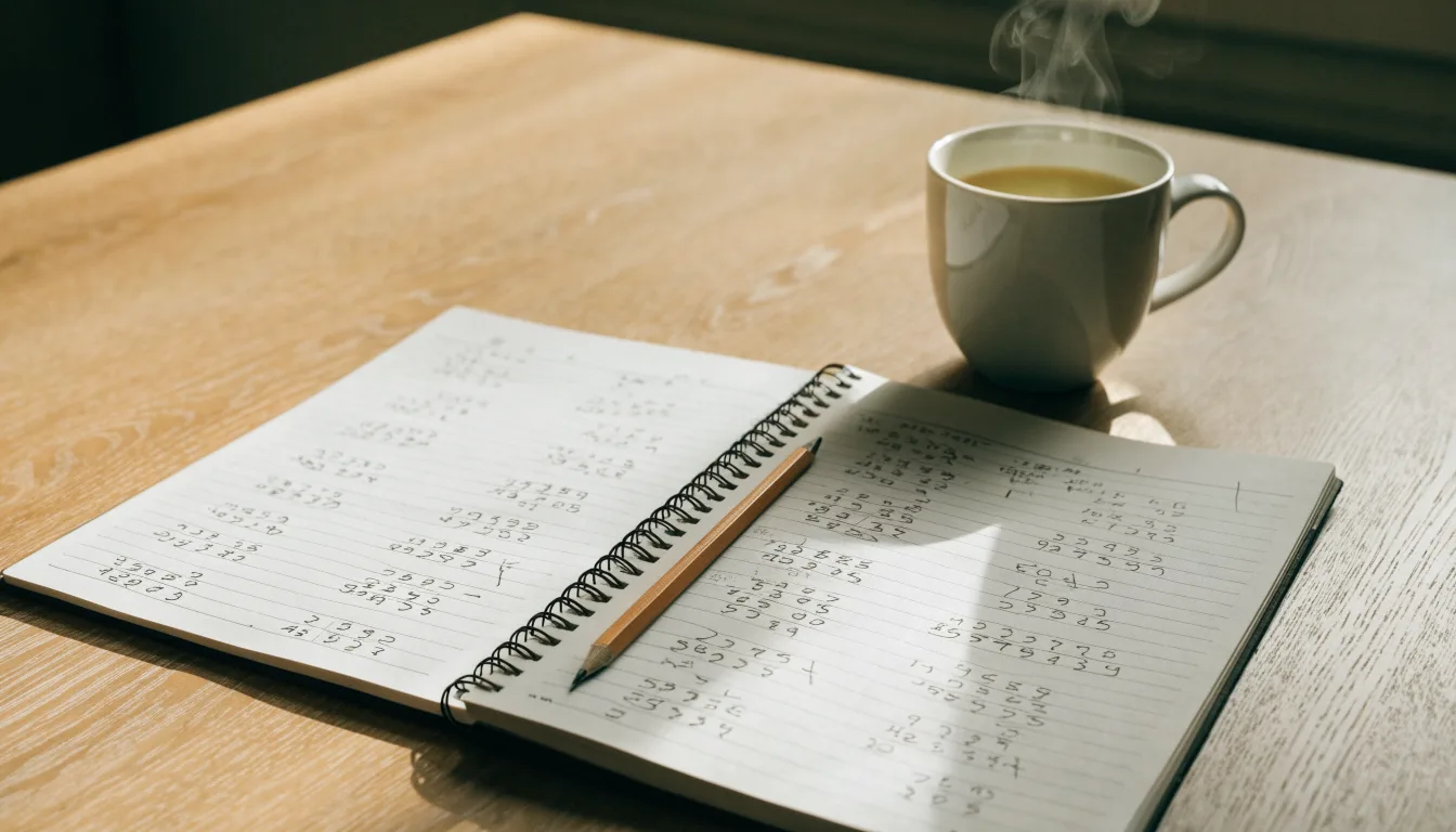 Ein aufgeschlagenes Notizbuch mit handschriftlichen Skizzen und ein Bleistift liegen auf einem Schreibtisch neben einer Tasse Tee.