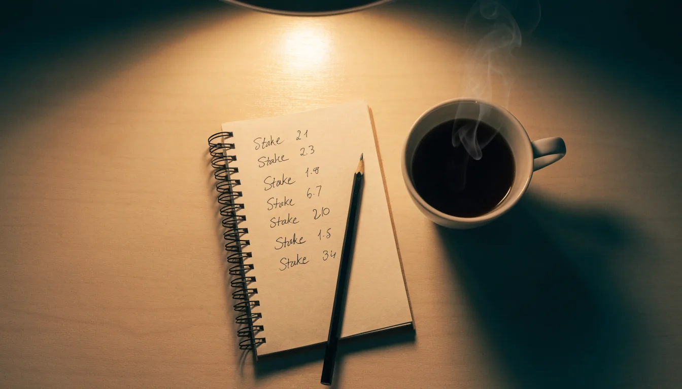 Ein Taschenrechner und ein Bleistift liegen auf einem Schreibtisch neben einer Tasse Kaffee im Licht einer Lampe.