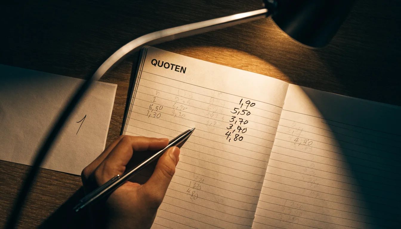 Ein Taschenrechner und ein aufgeschlagenes Notizbuch mit handschriftlichen Zahlenreihen liegen unter einer Schreibtischlampe.