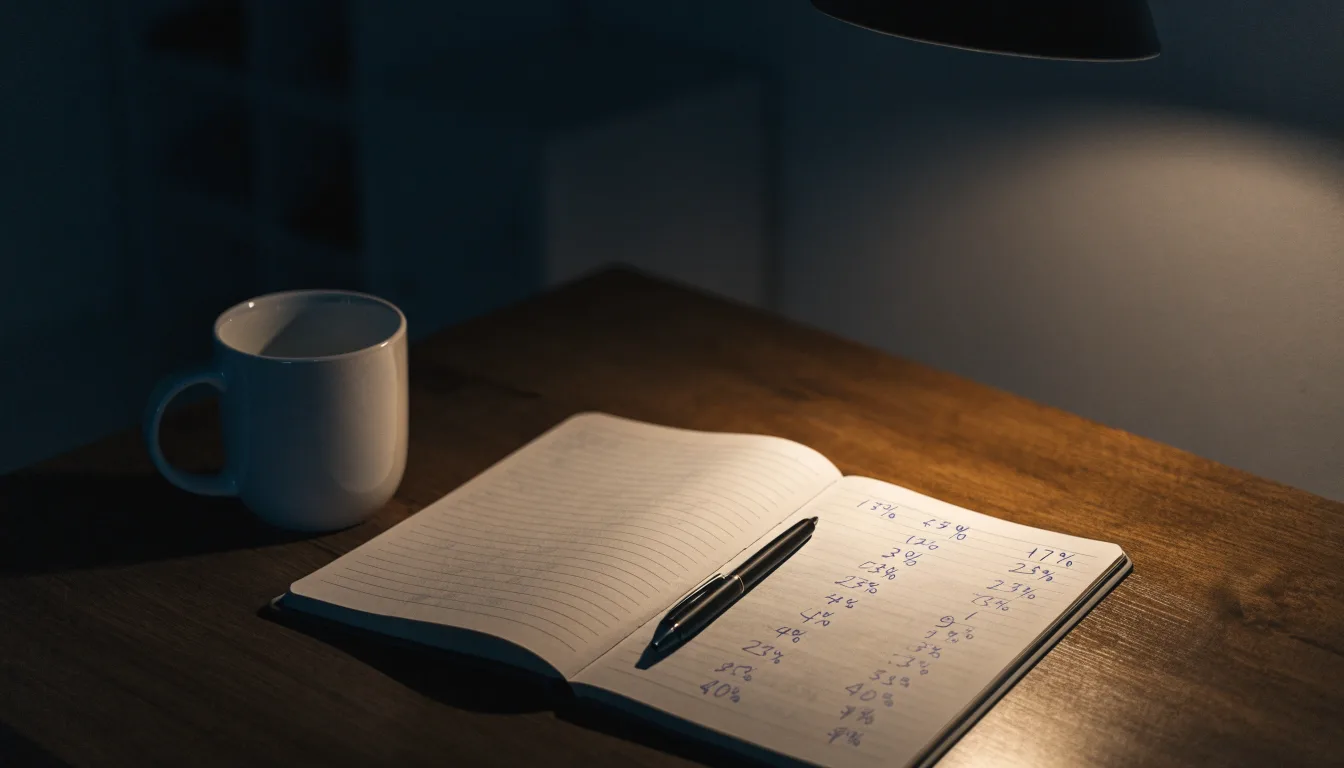 Ein Taschenrechner und ein aufgeschlagenes Notizbuch mit handschriftlichen Zahlenreihen liegen unter einer Schreibtischlampe.