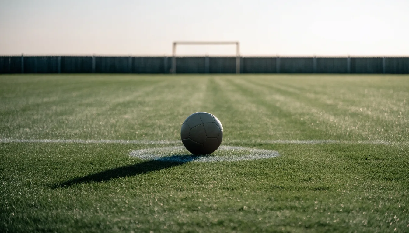 Ein Fußball liegt allein auf dem Anstoßpunkt eines leeren Rasenplatzes im Morgenlicht, am Rand ein niedriger Zaun.