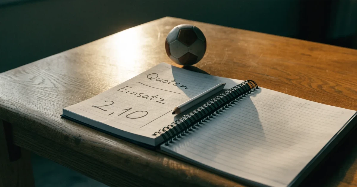 Ein Notizbuch mit handschriftlichen Notizen und einem Bleistift liegt auf einem Holztisch, daneben ein kleiner Fußball im weichen Tageslicht.