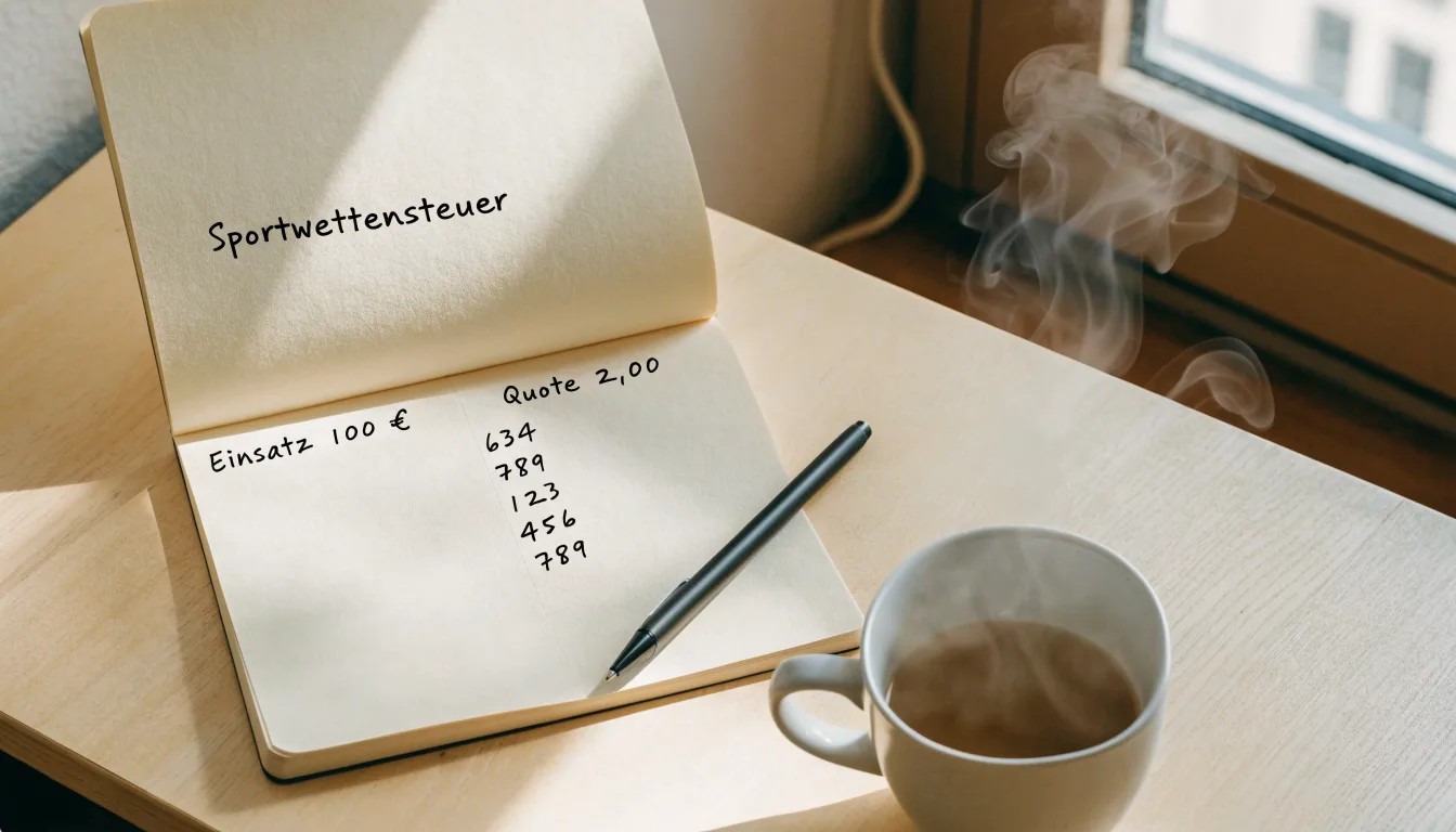 Ein Notizbuch mit handschriftlichen Rechnungen und ein Taschenrechner liegen auf einem hellen Schreibtisch neben einer Kaffeetasse.