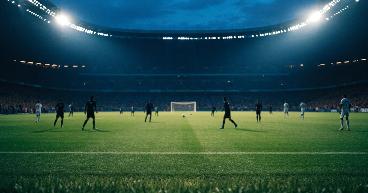 Ein Fußballstadion am Abend unter Flutlicht aus der Ferne gesehen, die Tribünen sind leicht beleuchtet und der Himmel dunkelblau.