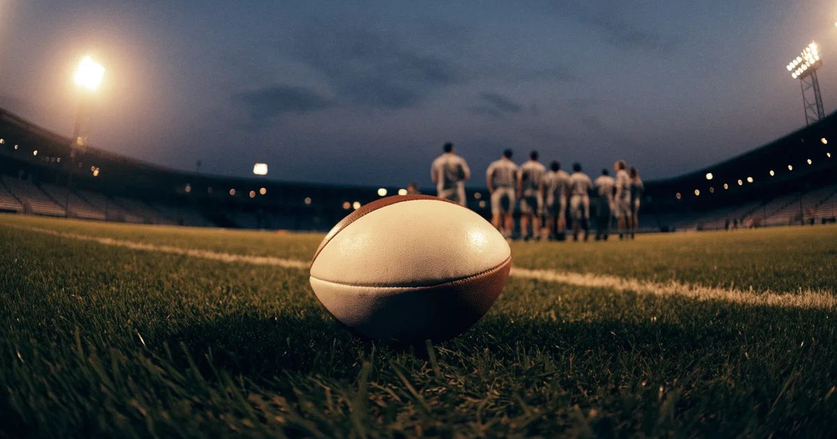 Ein American-Football-Ball liegt auf einem Rasenplatz unter Flutlicht, im Hintergrund eine große Tribüne in der Dämmerung.