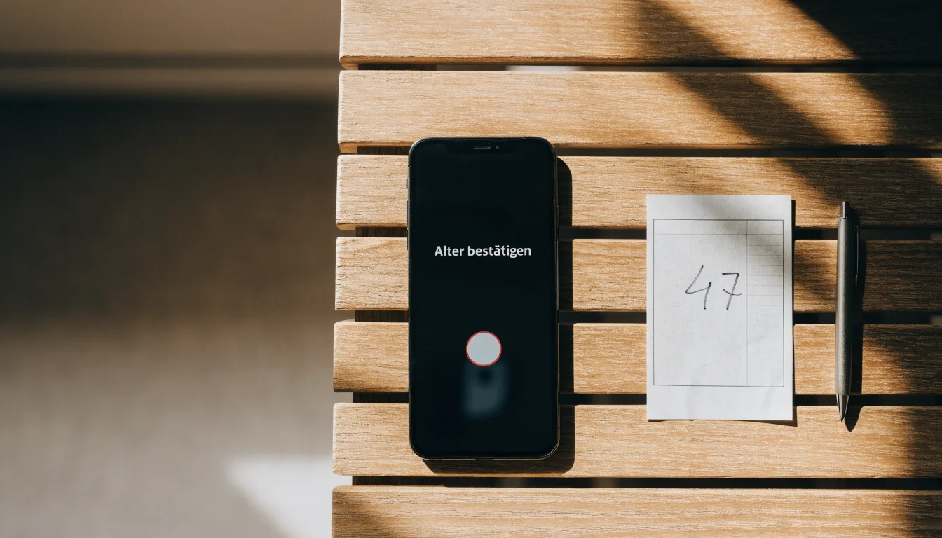 Ein Smartphone liegt mit dunklem Display auf einem Holztisch neben einem leeren Papier-Wettschein, Licht fällt von einem Fenster.