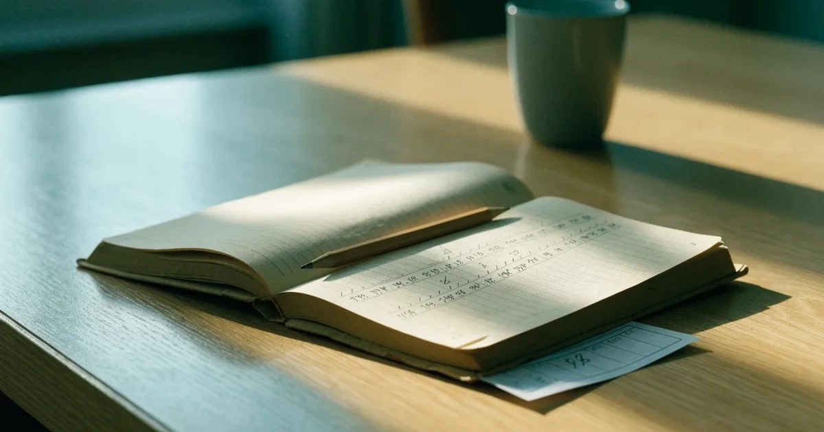 Ein Notizbuch mit handschriftlichen Notizen und einem Bleistift liegt neben einem Taschenrechner auf einem aufgeräumten Schreibtisch.