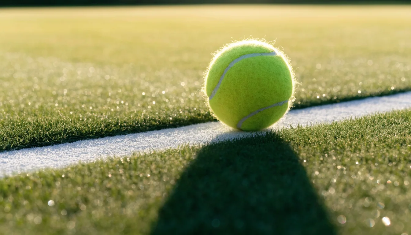 Ein Tennisball liegt auf frisch gemähtem Gras neben einer weißen Linie, Tautropfen glänzen im Gegenlicht.