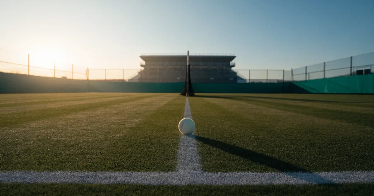 Ein Tennisplatz mit Rasenbelag im Morgenlicht, Netz und weiße Linien, im Hintergrund eine ruhige Tribüne.