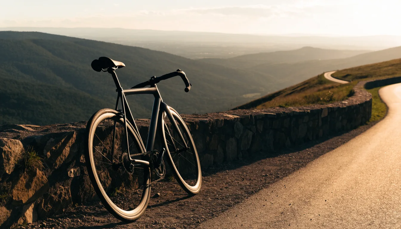 Ein Rennrad lehnt an einer Steinmauer in einer Bergkurve, im Hintergrund eine weite Hügellandschaft im Gegenlicht.