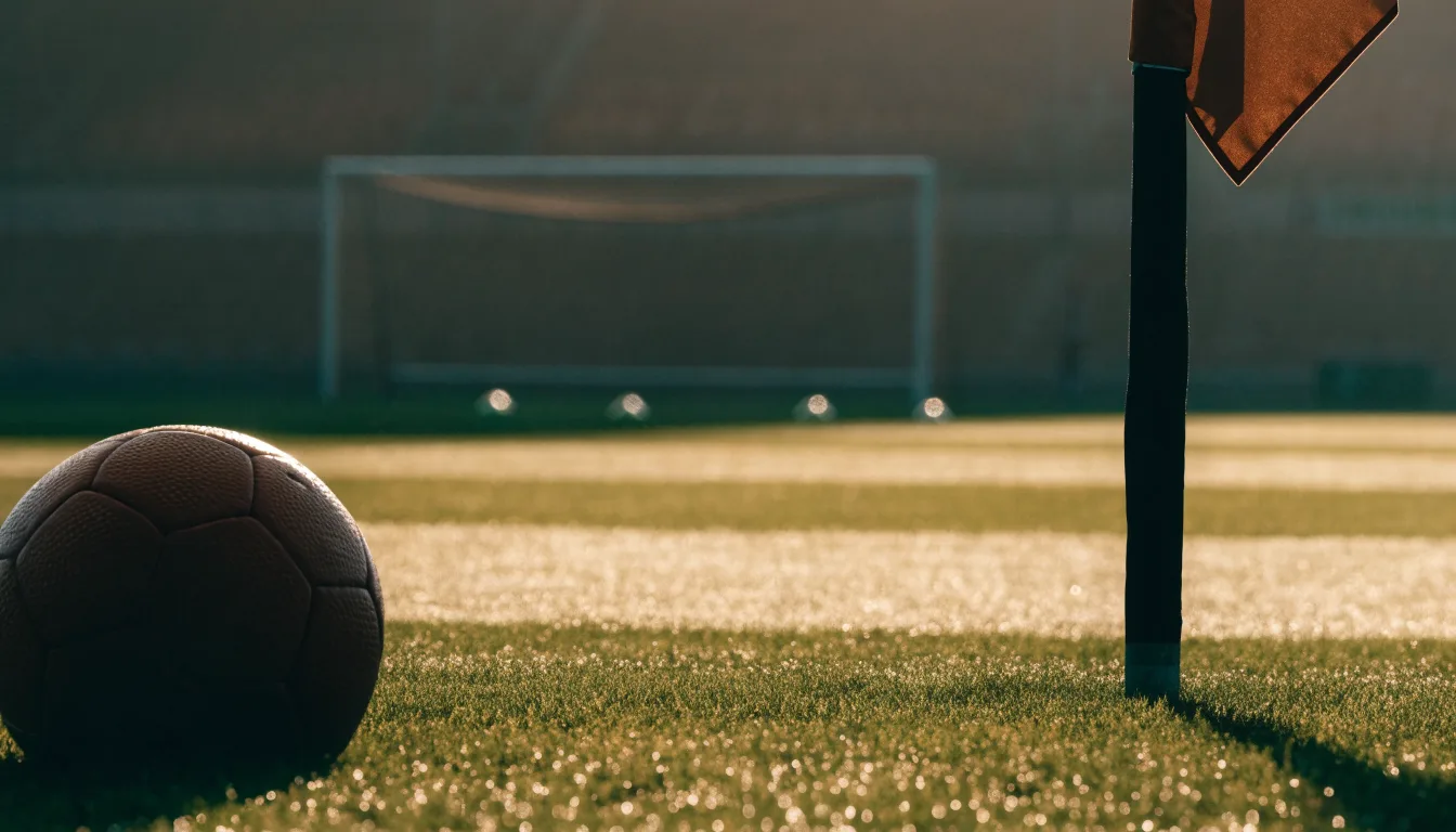 Ein Fußball liegt auf Rasen neben einer Eckfahne ohne Aufdruck auf einem leeren Platz im Morgenlicht.