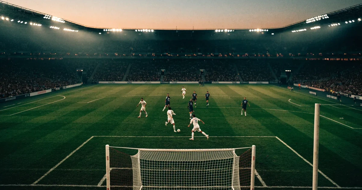 Ein riesiges Stadion in der Abenddämmerung aus der Vogelperspektive gesehen, die Lichter an den Rängen sind eingeschaltet.