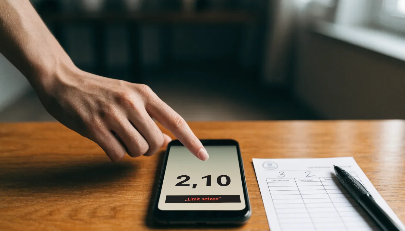 Ein Smartphone liegt mit dunklem Display neben einem leeren Papier-Wettschein und einem Stift auf einem Holztisch.