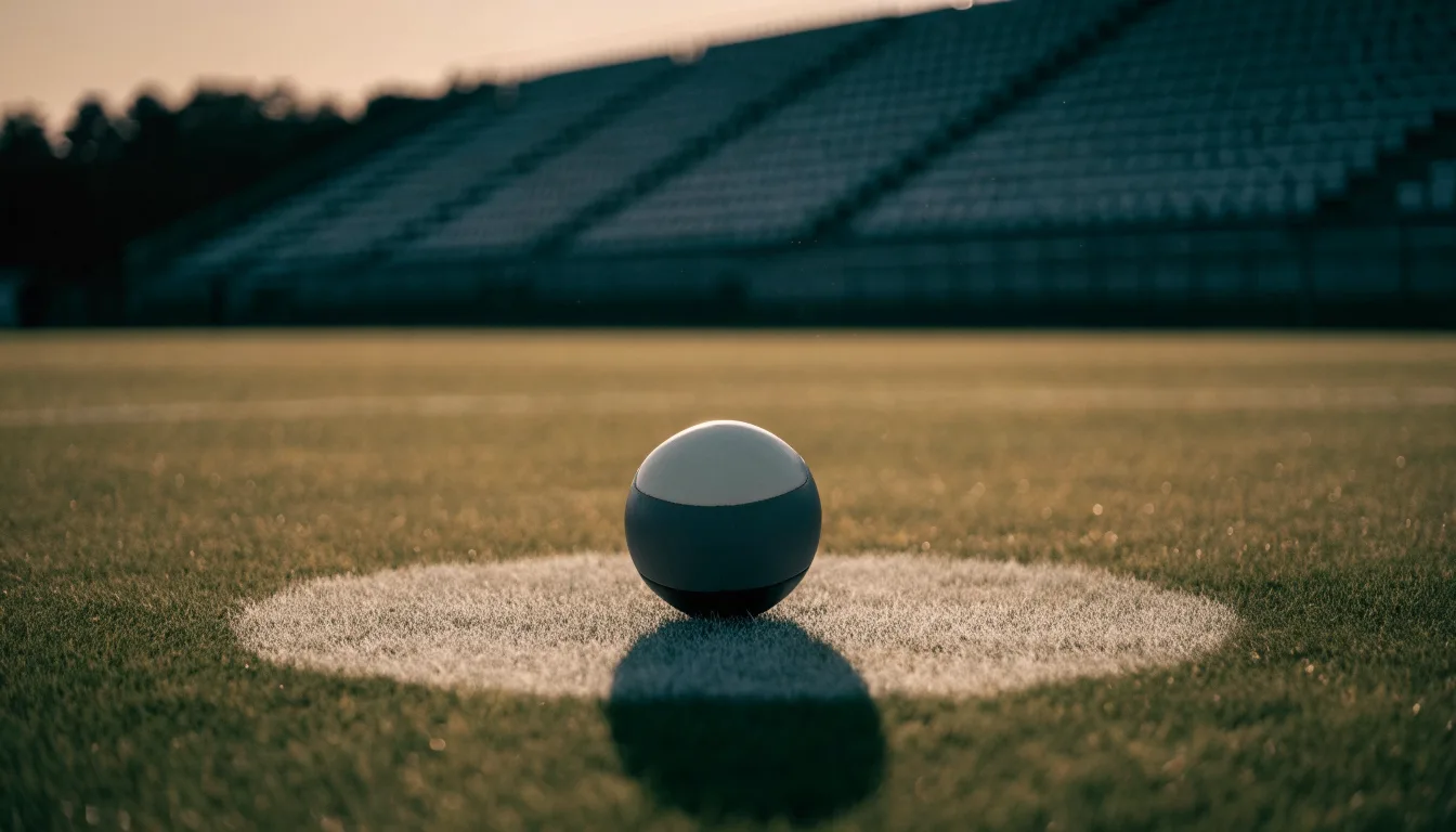 Ein Fußball liegt auf dem Anstoßpunkt eines Rasenplatzes, dahinter eine leere Tribüne im Abendlicht.