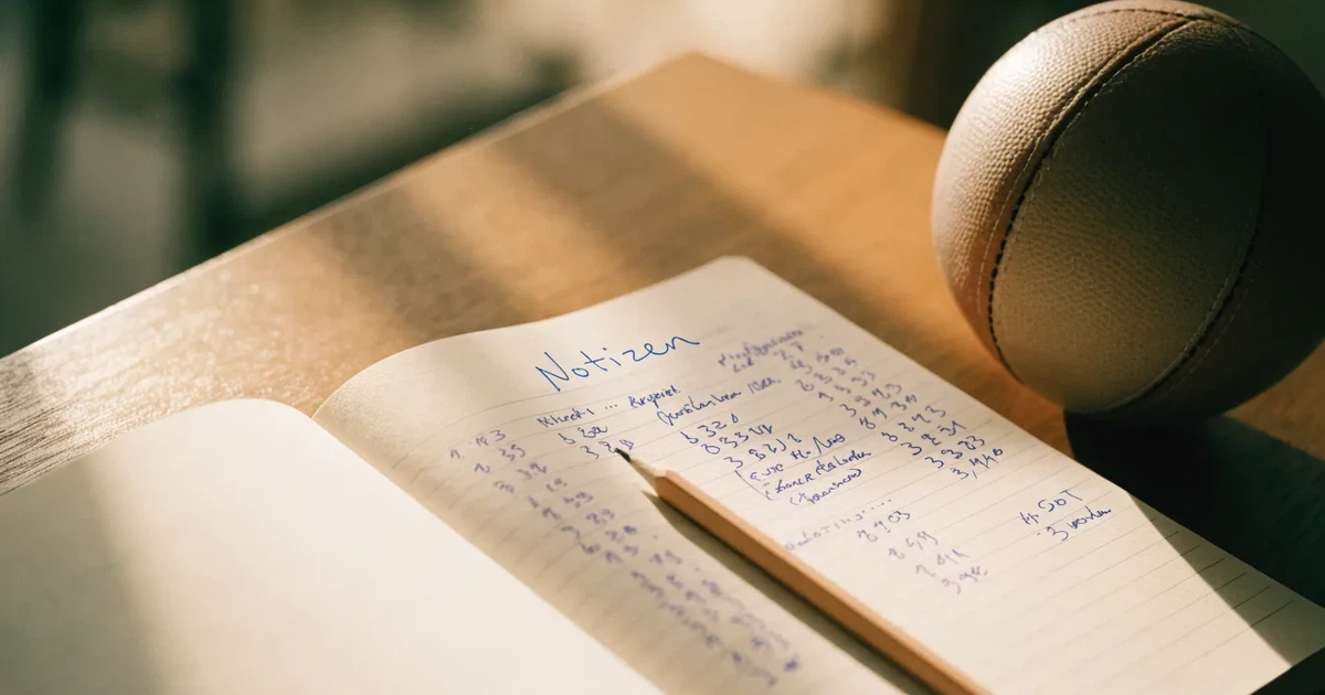 Ein Notizbuch mit handschriftlichen Notizen und einem Bleistift liegt auf einem Holztisch, daneben ein kleiner Fußball im Tageslicht.