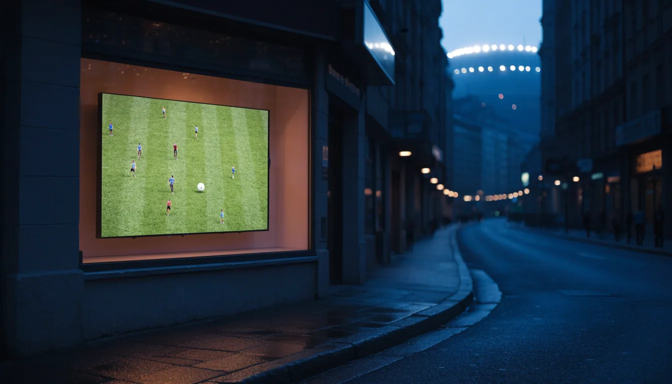 Ein Stadion unter Flutlicht aus großer Entfernung, davor eine leere Straße in der Abenddämmerung.