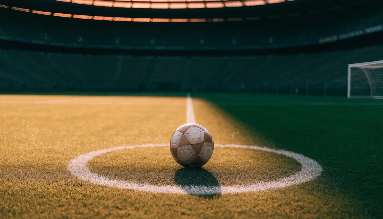 Ein Fußball liegt auf dem Anstoßpunkt eines Rasenplatzes, dahinter eine leere Tribüne im Abendlicht.