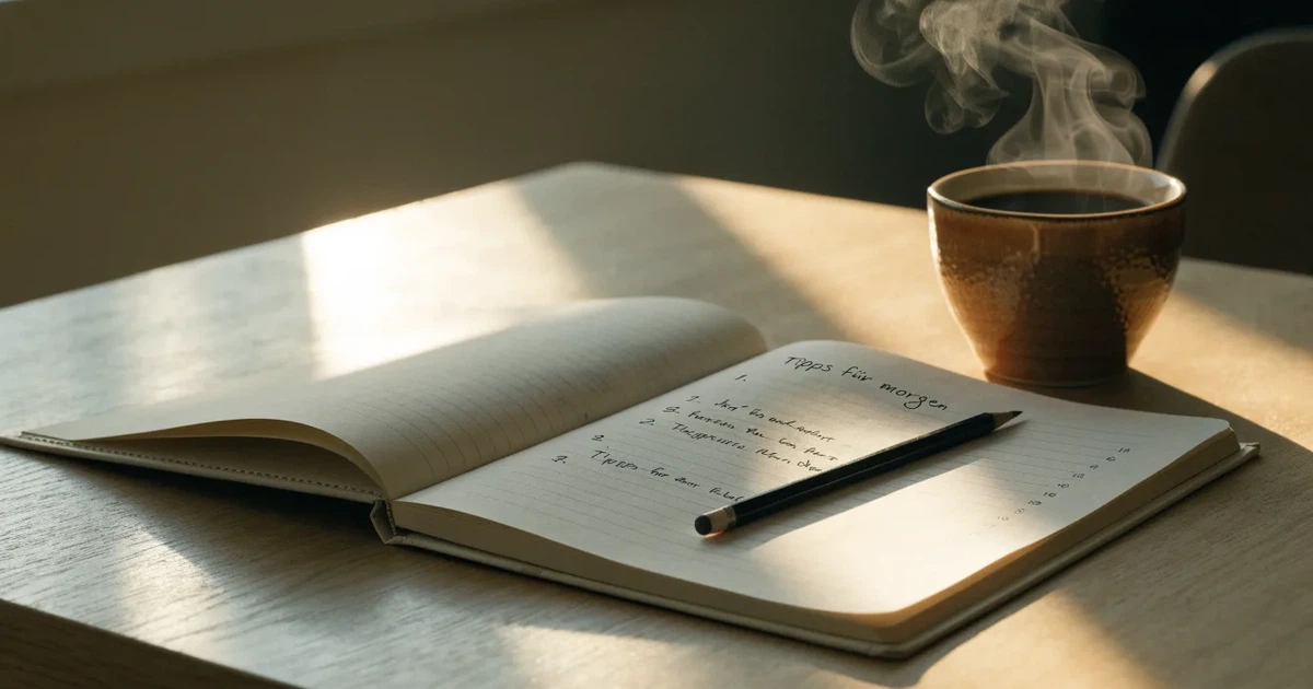 Eine Kaffeetasse, ein Notizbuch mit handschriftlichen Notizen und ein Bleistift auf einem hellen Schreibtisch am Morgen.