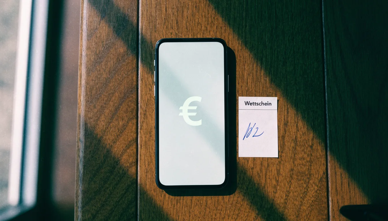 Ein Smartphone mit dunklem Display liegt neben einem leeren Papier-Wettschein auf einem Holztisch, Licht fällt von der Seite.