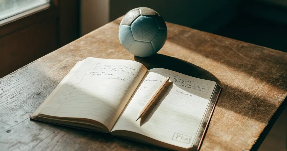 Ein Notizbuch mit handschriftlichen Notizen und einem Bleistift liegt auf einem Holztisch, daneben ein kleiner Fußball im Tageslicht.