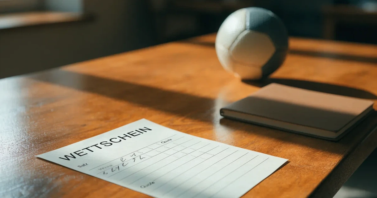 Ein kleines Geschenkband liegt neben einem Fußball und einem leeren Papier-Wettschein auf einem Holztisch im Tageslicht.