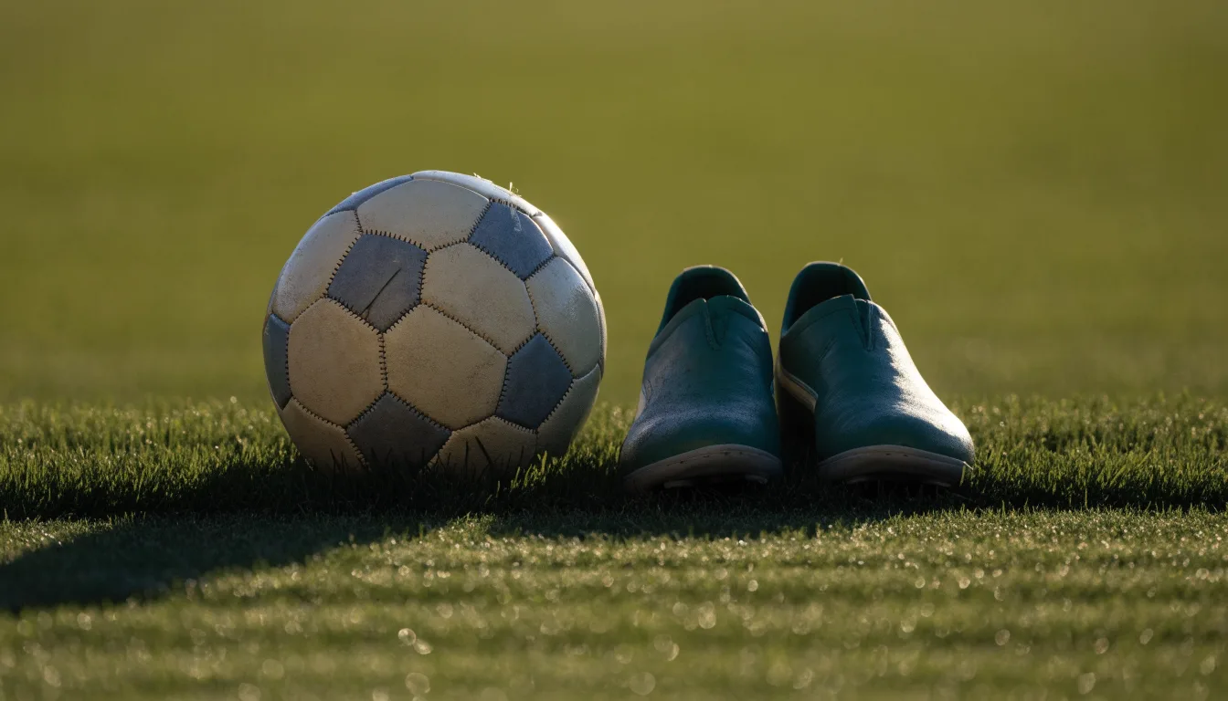 Ein Fußball auf frisch gemähtem Rasen im Morgenlicht, daneben ein Paar Fußballschuhe ohne erkennbare Marke.