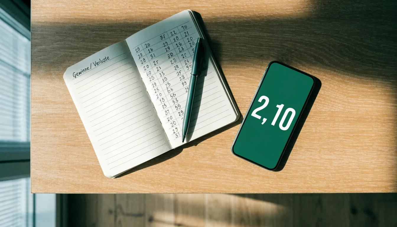 Ein Notizbuch mit handgeschriebenen Zahlen und ein Kugelschreiber liegen auf einem Tisch, daneben ein Smartphone mit schwarzem Bildschirm.