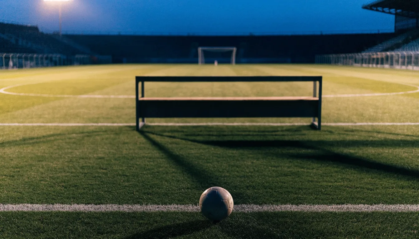 Ein Fußball liegt am Spielfeldrand neben einer leeren Ersatzbank, das Flutlicht über dem Platz leuchtet in der Dämmerung.