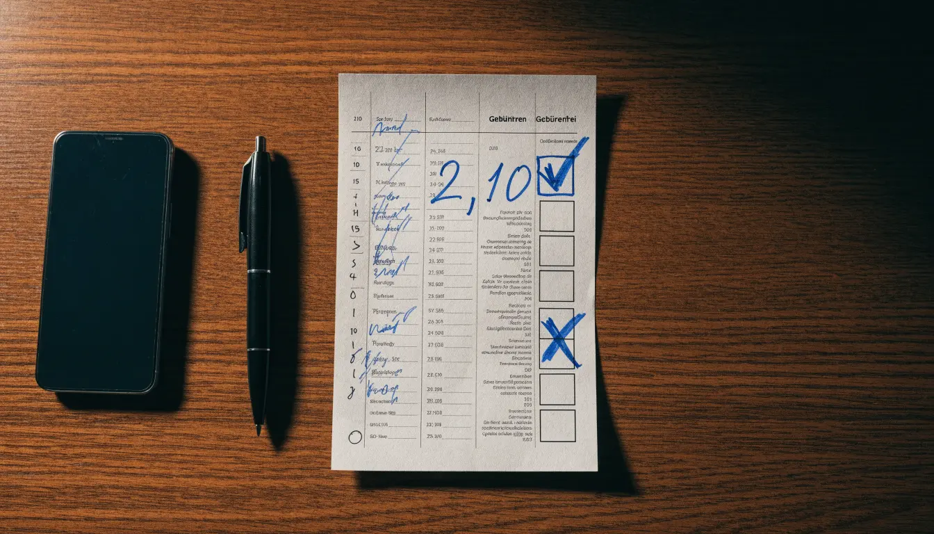 Ein leerer Papier-Wettschein und ein Kugelschreiber liegen auf einem Holztisch neben einem schwarzen Smartphone.