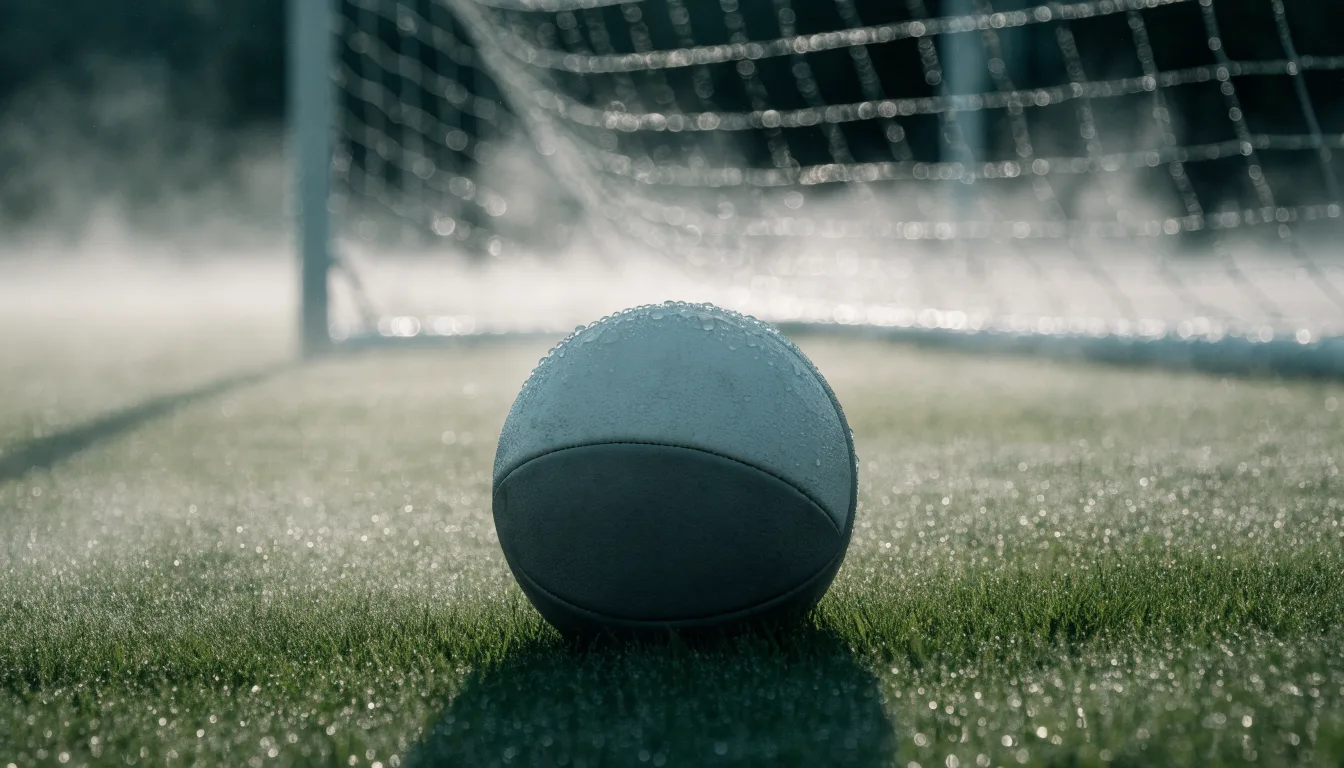 Ein Fußball liegt auf dem Rasen vor einem Tor im Morgennebel, die Netzmaschen sind taufeucht.