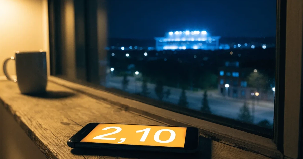 Ein hell erleuchtetes Stadion aus der Ferne bei Nacht, davor eine stille Straße und ein paar Bäume.