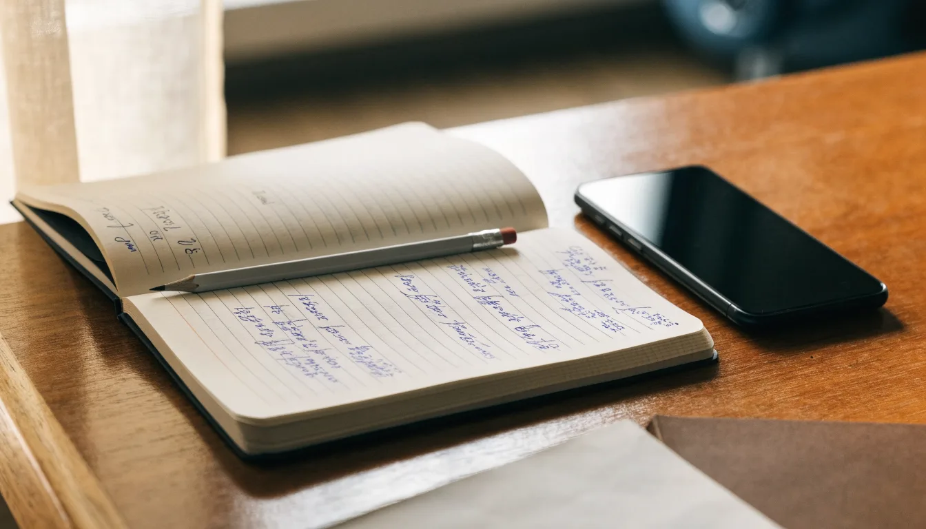Ein Notizbuch mit handschriftlichen Notizen und ein Taschenrechner liegen auf einem Schreibtisch neben einem Smartphone mit dunklem Display.